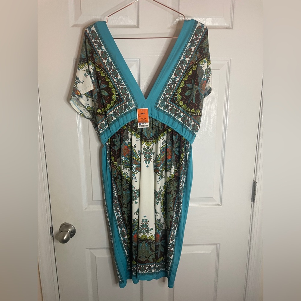 Blue and Green Floral V-Neck Mini Dress
